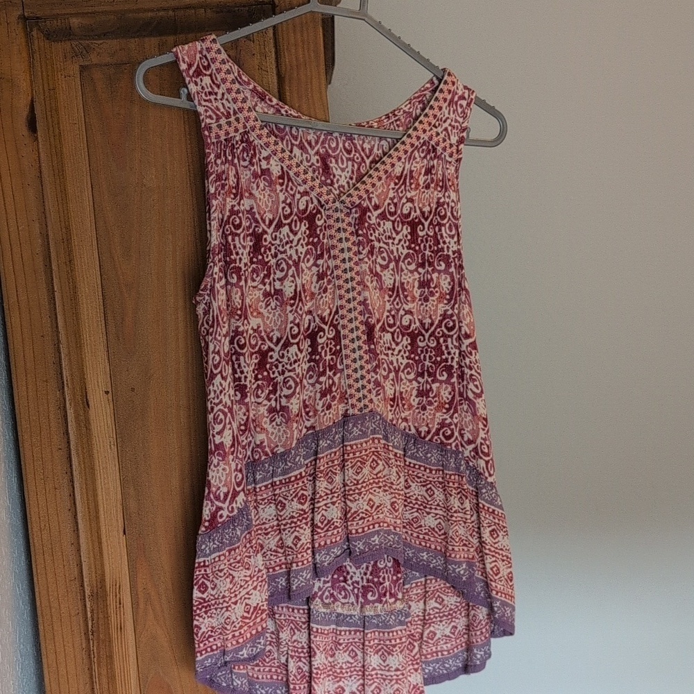 Patrons Of Peace Boho India Top Print Embroidered Trim Tank Flowy Shirt